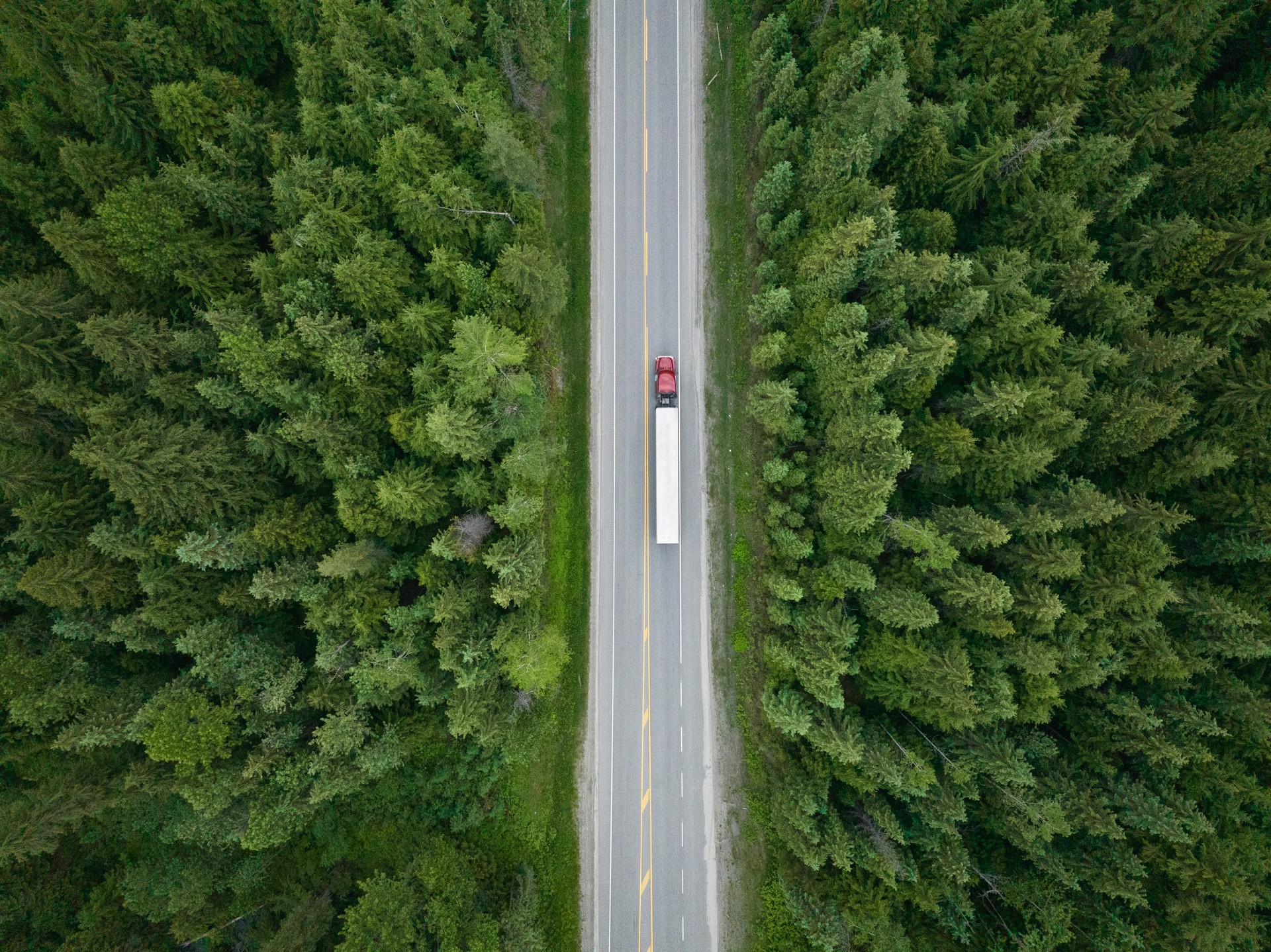 Container truck along a scenic road